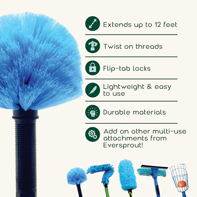 EVERSPROUT 5-to-12 Foot Cobweb Duster & Pole Combo, Extendable to 20 Ft | For High Ceilings and Spider Webs, Vents, Wall Edges, Baseboards and More, Soft Bristles, Adjustable Pole