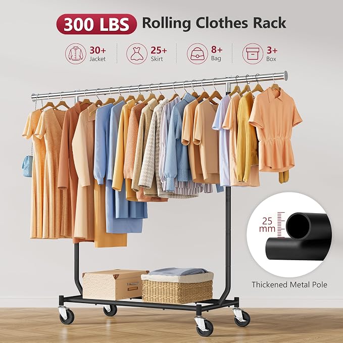 Tajsoon Collapsible Clothes Racks with Wheels, Metal Clothing Rack and Height Adjustable, Heavy Duty Foldable Garment Rack Load 300 LBS, Commercial Rolling Racks for Bedroom, Living Room, Store, Black