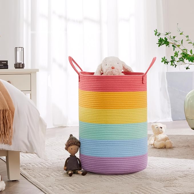 80L Extra Large Rainbow Laundry Hamper Basket for Girls Kids Tall | Unicorn Nursery Toddler Hamper for Clothes Woven Rope Toy Storage Basket in Playroom Bedroom 16"D x 22"H
