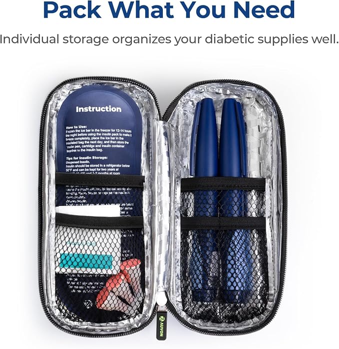 AUVON Insulin Cooler Travel Case, Diabete Care, 2x90g TSA-Approved Ice Pack | Diabetic Medication Insulated Cooling Bag for 2 Insulin Pens and Diabetic Supplies Storage, Compact for Daily Life and Trips