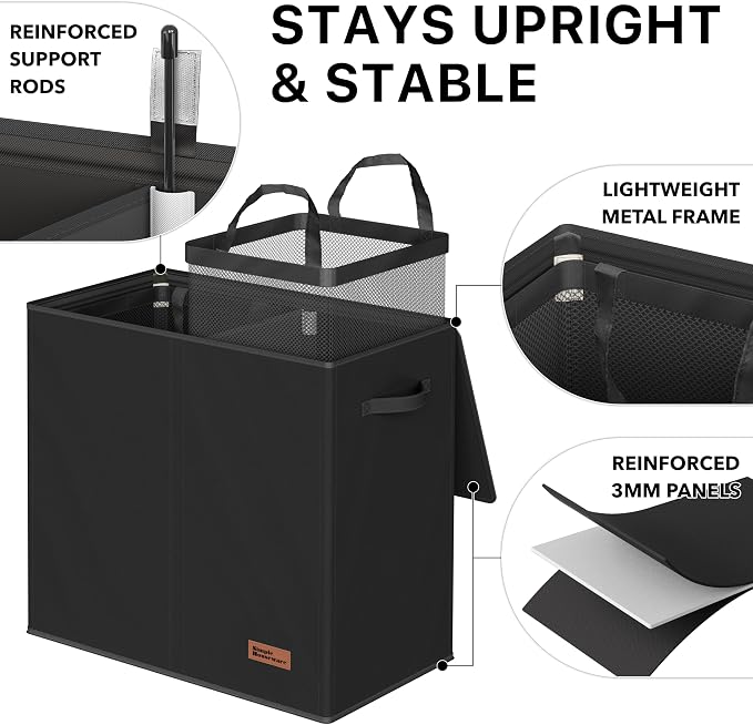 Simple Houseware Double Laundry Hamper with Lid & Removable Bags, Black | Heavy Duty 600D Polyester, Water-Resistant Surface