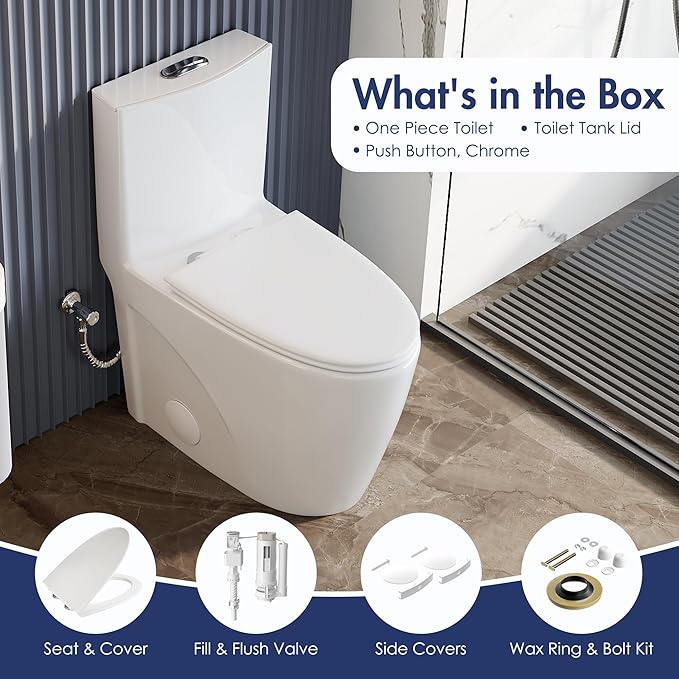 Eridanus Elongated One Piece Toilet with Powerful Siphon Dual Flush 1.1/1.6 GPF, 12" Rough-In Modern Bathroom Toilets with Comfort Soft Closing Seat Height 17", ADA Compliant Bowl, White