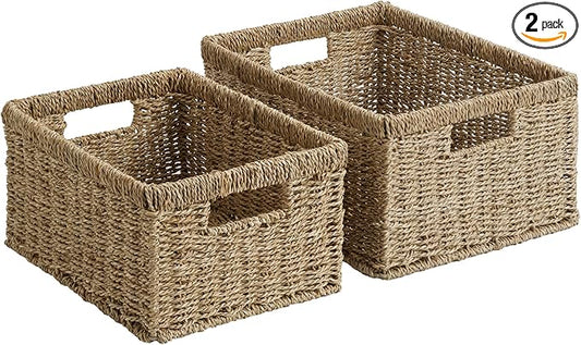 StorageWorks Wicker Storage Baskets, Handwoven Seagrass Basket for Organizing, Decorative Organizers with Built-in Handles, Set of 2