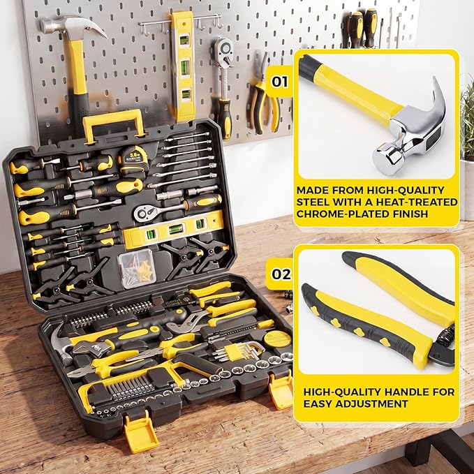 155PCS Household Tool Set with Toolbox Ratcheting Screwdriver Sockets | Includes pliers, hammer, level, tape measure | Portable home repair kit | For garage, car, DIY projects