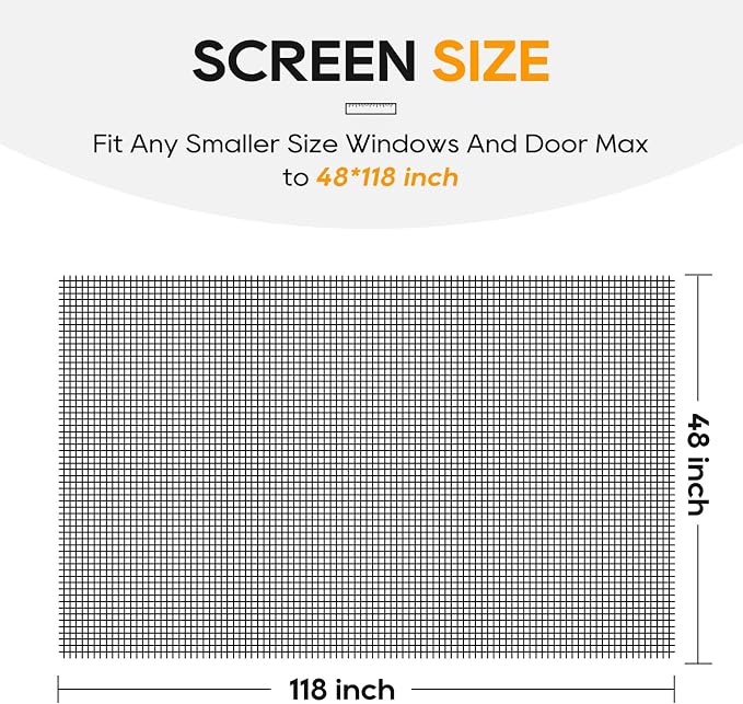 King&Charles Window Screen Door Mesh,48”x118” Black for Window&Door Replace | Screen Repair Kit,Fiberglass-Durable & Visibility & Cuttable & Washble, Easy to Install/DIY for Patio & RV