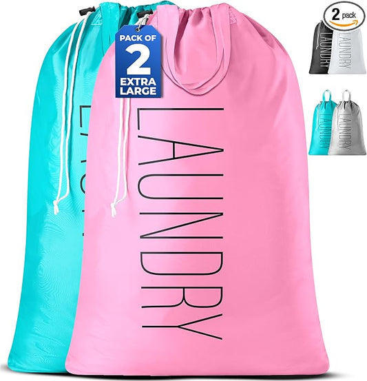 Extra Large Travel Laundry Bag - 2-Pack Fun Print Design Bags for Dirty Clothes - Durable Water-Resistant Fabric - Sturdy Drawstring Closure (Pink-Teal | Laundry)