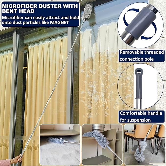 20+ Feet High Reach Duster Kit with 3-14 ft Extension Pole for Cleaning Fan, Spider Web, High Ceiling, Blinds, Furniture, Cars - Cobweb Microfiber Duster // Outdoor & Indoor Extendable Duster