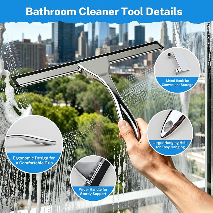 Hotel Grade Stainless Steel Squeegee 10 Inch with Adhesive Hooks - Commercial Shower Squeegee for Hotel Bathroom Glass Door Mirror Tile, Streak-Free Multi-Purpose Cleaning Tool for Hotel Use, Silver