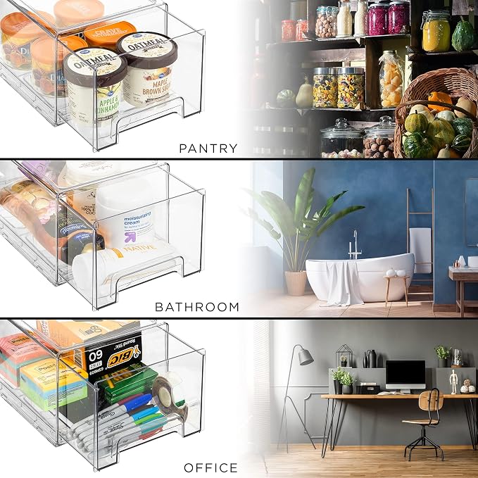 Sorbus Plastic Storage Bins Stackable Clear Pantry Organizer Box Bin for Organizing Kitchen Fridge, Food, Snack Pantry, Fruit, Vegetables, Bathroom, Wide & Narrow Deep (4 Pack)