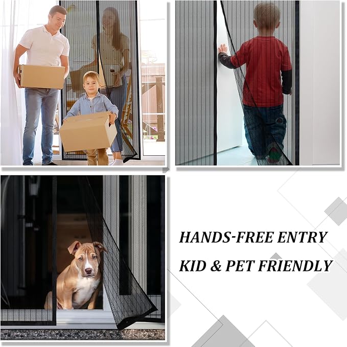 Magnetic Screen Door - Self Sealing, Heavy Duty, Hands Free Mesh Partition Keeps Bugs Out Let Breeze in- Pet and Kid Friendly - Keep Open Feature (Black, Fit Door Size 32x 82 Inch)