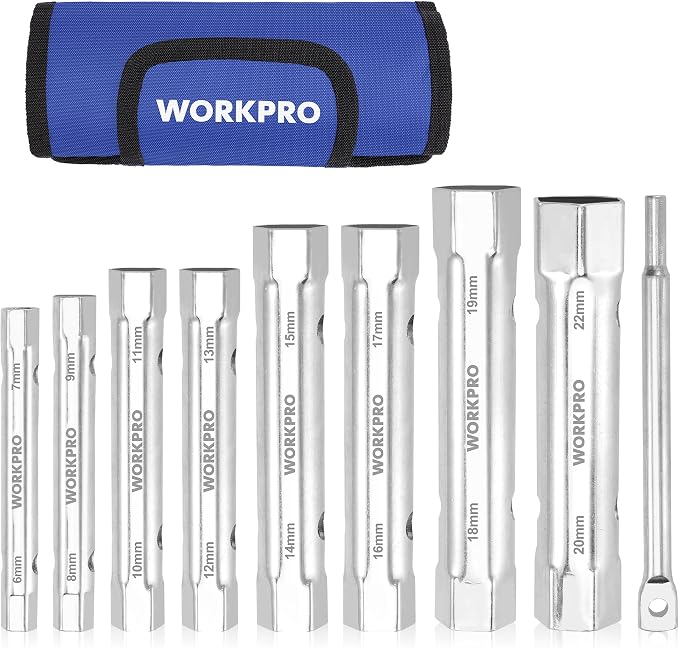 WORKPRO 9-Piece Shower Valve Socket Wrench Set with Bar Handle | Dual-Ended Socket Wrench for Bathroom Removal of Tub and Shower Valves, Home Plumbing Repairs, Double-Ended, Storage Bag