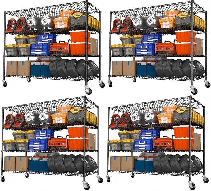 Heavy Duty Garage Shelving with Wheels: 55.5" W x 24" D x 81" H 4 Tier Wire Metal Storage Shelves, Adjustable NSF Commercial Shelf, Rolling Tote Rack Organizer for Pantry, Warehouse, 4PCS