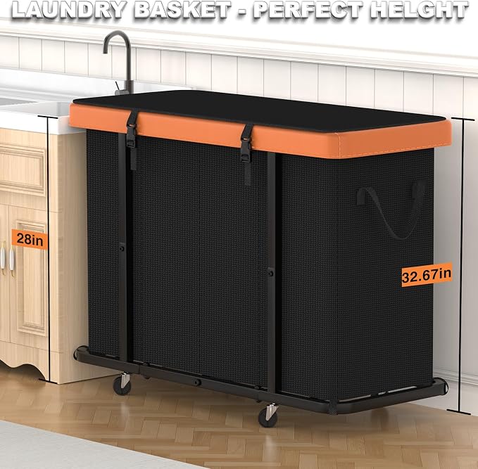 Laundry Basket with Wheels, 300L Leather Patchwork Laundry Sorter 4 Section | Sturdy Metal Frame, Removable Washable Bag, Tall Clothes Sorter for Bedroom - Black