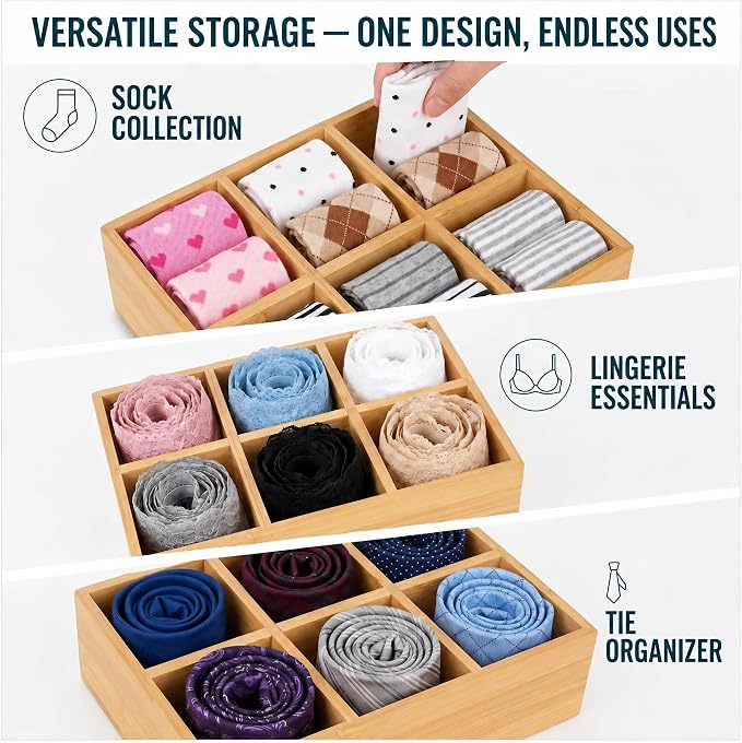 Closet Drawer Organizer Divider - 2 Pack Bamboo Holders Organizers | for Clothes Storing Ties, Handkerchiefs, Socks Organizers