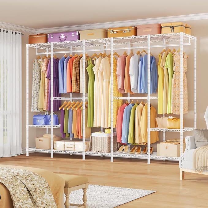 ULIFHOME Clothes Rack, Heavy Duty Garment Rack, Extra Large Portable Closet | H50 Clothing Racks for Hanging Clothes, Freestanding Wardrobe Closet 89.8'' W x 15.8" D x 76.2" H, Max Load 1400 Lbs, White