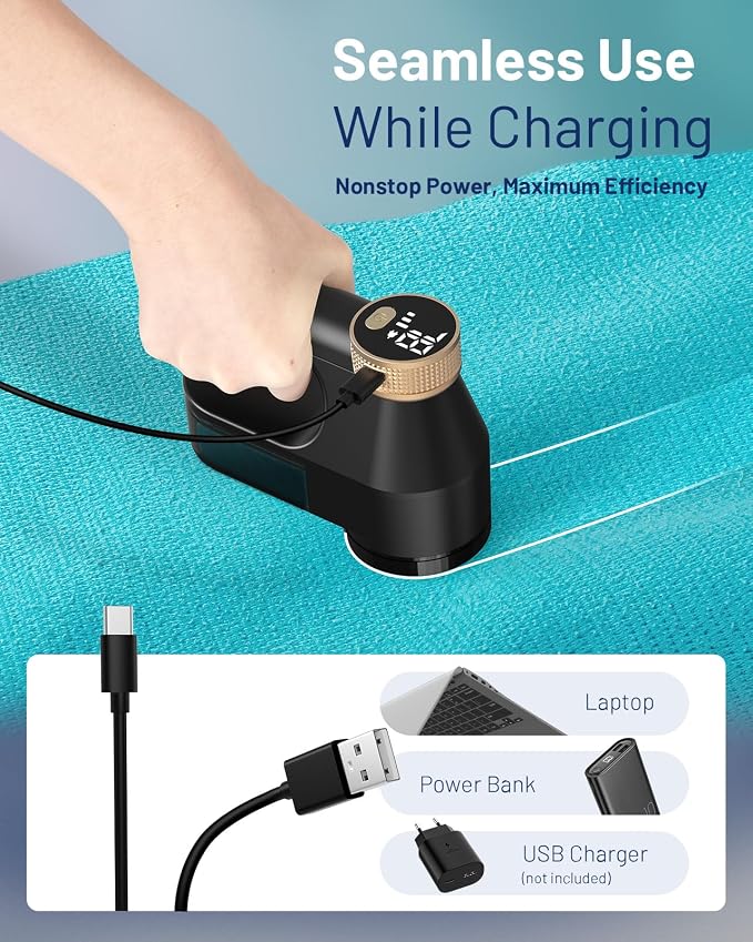 BEAUTURAL Fabric Shaver and Lint Remover, Rechargeable Sweater Defuzzer | LED Display, 3-Speed Settings, 6 Leaf Blades, Portable Pilling Remover for Clothes, Furniture, Blankets