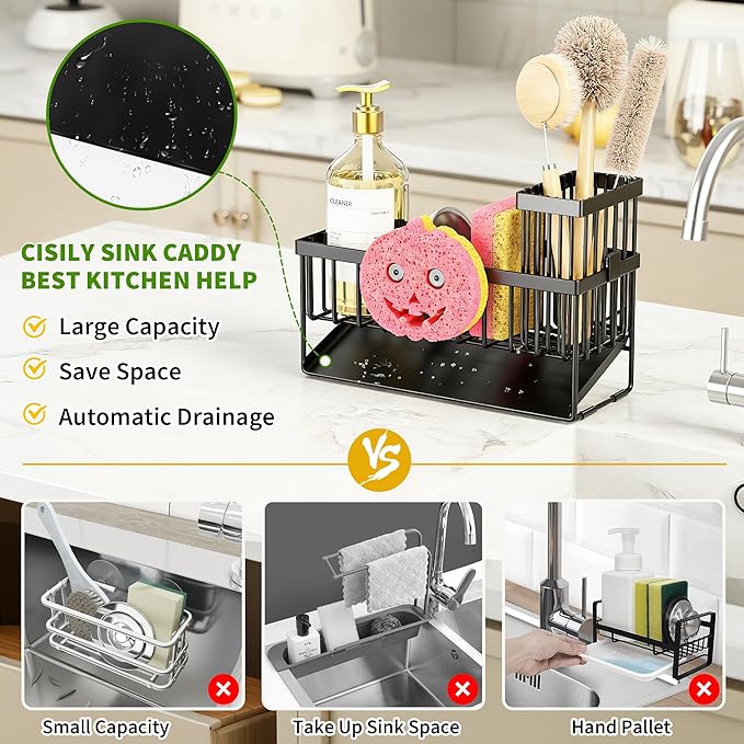 Cisily 8.26'' Sponge Holder for Kitchen Sink, Smiley Face Sink Caddy with Removable Brush Holder,Self-Draining Sponge Caddy for Sponge,Soap,Dish Brush,Scrubber,Kitchen Essentials and Gadgets