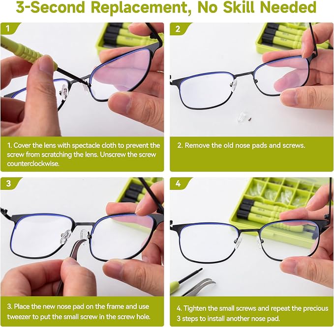 Eyeglass Nose Pads Replacement, 24 Pairs of Screw-in Glasses Nose Pads with Precision Screwdriver Set, Magnetic Eyeglass Repair Kit with Screws, Curved Tweezer for Travel, Birthday Gift, Christmas
