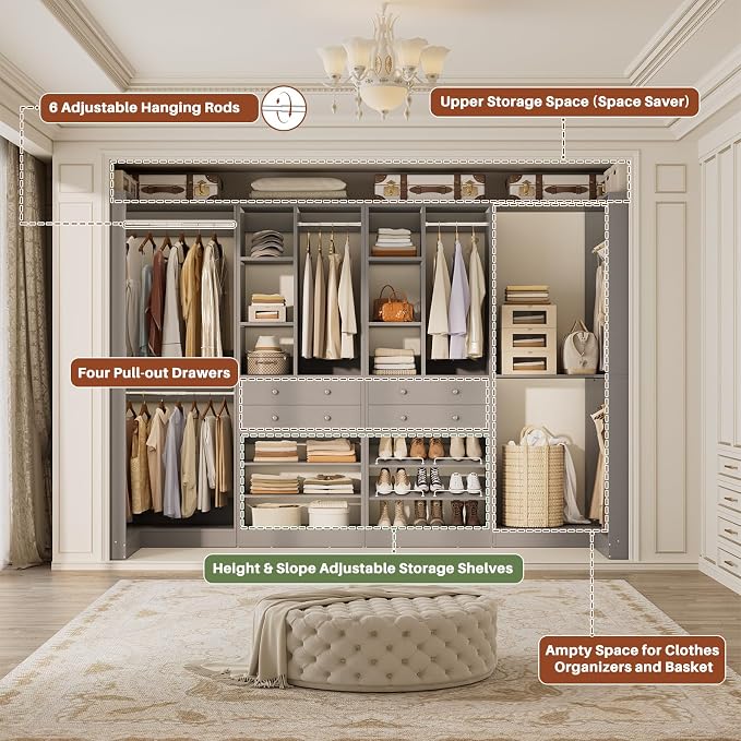 Besiost Closet System with 4 Drawers & Corner Tower, Closet Organizer System with 4 Hanging Robs, Reversible U Shaped Walk-in Closet System, Load 2600+LBS Capacity, Set of 4, Morandi Grey