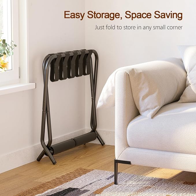 AMHANCIBLE Luggage Rack, Set of 2, Foldable Suitcase Stands for Guest Room | Metal Luggage Holder with Storage Shelf for Bedroom, Hotel, Easy Assemble, Black