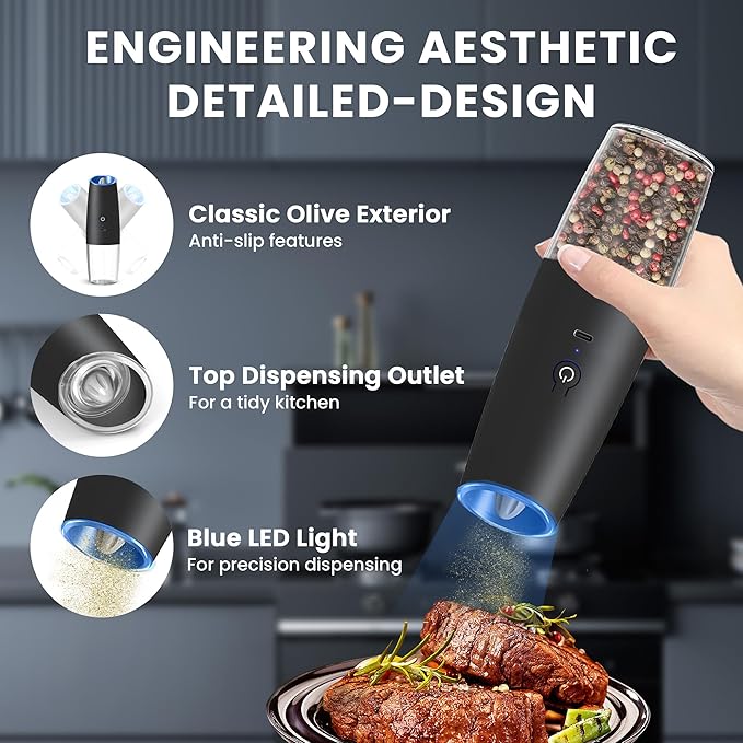 UNNEES Rechargeable Electric Salt and Pepper Grinder set of 2, gravity electric salt and pepper grinder set, Adjustable Roughness, LED Light, 2 Pack, (Black)
