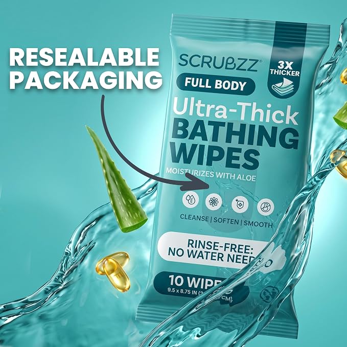 Extra Large Body Wipes for Adults Bathing No Rinse - 80 Ultra Thick Disposable Shower Wipes for Men, Women & Elderly - Great for Gym, Camping, Post Surgery