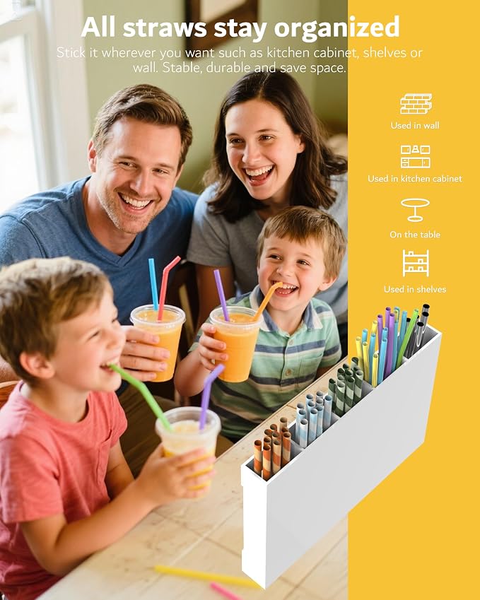 Acrylic Straw Holder & Organizer - Compact, Adhesive Tape Included for Easy Installation - Perfect for Countertops, Cabinets, or Kitchen Storage (White-5 Compartments)