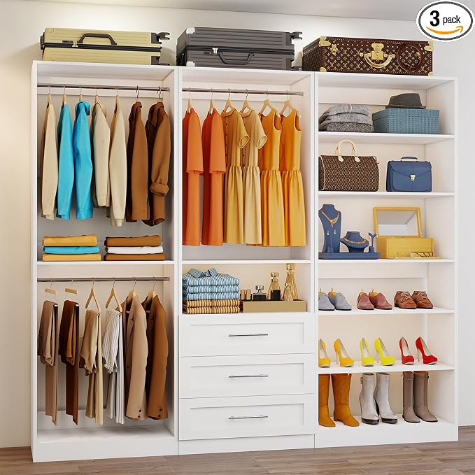 Closet System of 3 Sets, 6-15FT Closet Organizer System Wood with 3 Drawers & 7 Shelves, Walk in Closet Organizer Shelving System with 6 Hanging Rods, Modular Closet System Kits Adjustable, White