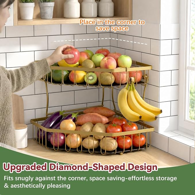 2 Tier Fruit Basket for Kitchen Counter - Detachable Metal Fruit Bowl with 2 Banana Hangers for Corner , Large Capacity Fruit Stand with Wooden Handle for Bread Fruit and Vegetable Storage - Gold