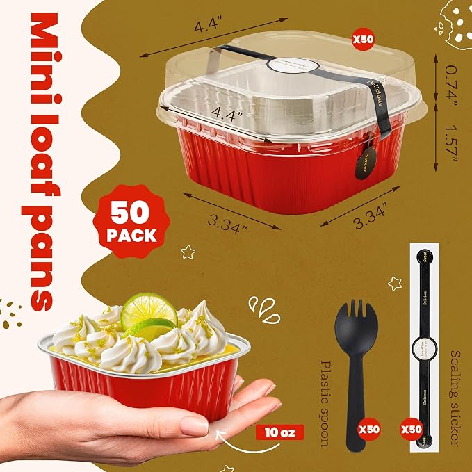 NPLUX 50 Pcs Mini Square Baking Cups with Lids and Spoons Aluminum Foil Mini Cake Pans with Lids Disposable Ramekins Cake Pans Dessert Cups for Wedding Birthday Party(Red,10oz) (Pack of 2)