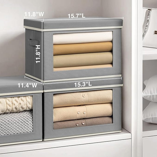 Homsorout Large Storage Bins with Lids - Fabric Storage Cubes with Window, Collapsible Bins for Clothes, 15.7 Inch Large Baskets for Bedroom, Dorm, Office, Grey, 6 Pack