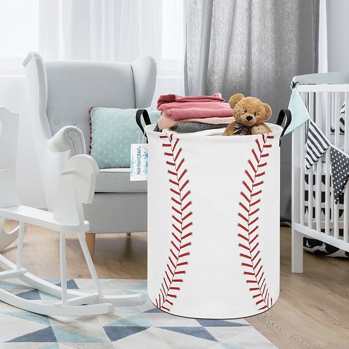 Round Laundry Basket Collapsible Storage Hamper Organizer Red Baseball | Waterproof Canvas Foldable Baskets with sturdy Handles Multi-scene Organizer for Home Play Bedroom Gift Bin
