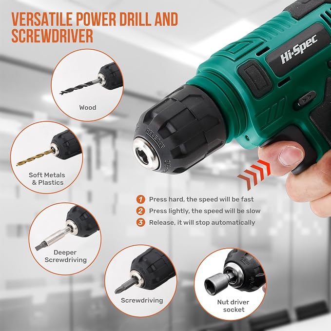 Hi-Spec 8V USB Power Drill Driver and Home Tool Kit with Toolbox Set, Green | Faster holes and Screwdriving, Bit accessories, Compact carry storage, Home setup help, Quick repair and maintenace