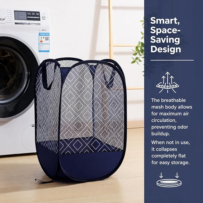 100L Extra Large Mesh Pop Up Laundry Hamper 2 Pack with Pocket and bag, Blue
