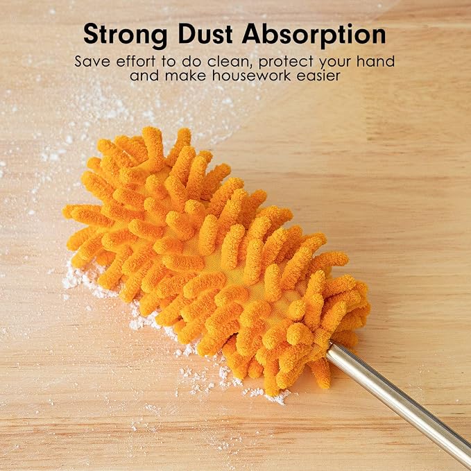 Duster for Cleaning, 10-29" Extension Pole, 2 Washable Heads, Yellow | Microfiber Heads, Wet Or Dry, Detachable, Hand Washable, Easy Storage, For Cars, Offices, Windows, Furniture And Ceiling Fans