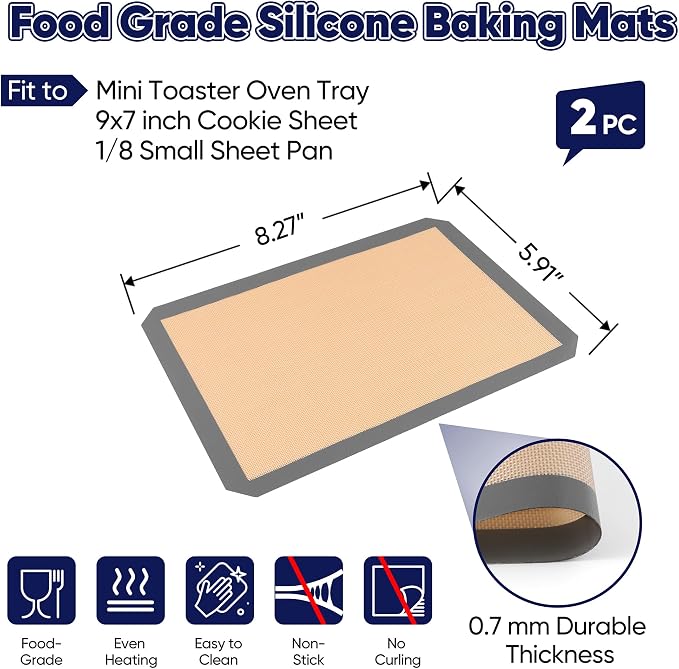E-far Mini Silicone Baking Mat, 2-Pack Nonstick Reusable Silicone Mats for Toaster Oven Pan Baking Cookie, Fit 7”x9” Rectangle Sheet Tray for Bacon, Food Grade & Heat-Resistant & Dishwasher Safe, Gray
