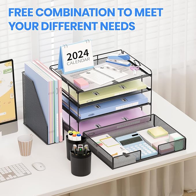 OPNICE Desk Organizer, 4-Tier Desktop File Organizer with Drawer and Pen Holders, Office Desk Accessories, File Sorters, Workspace Organizers for Office Supplies(Black 2-Pack)