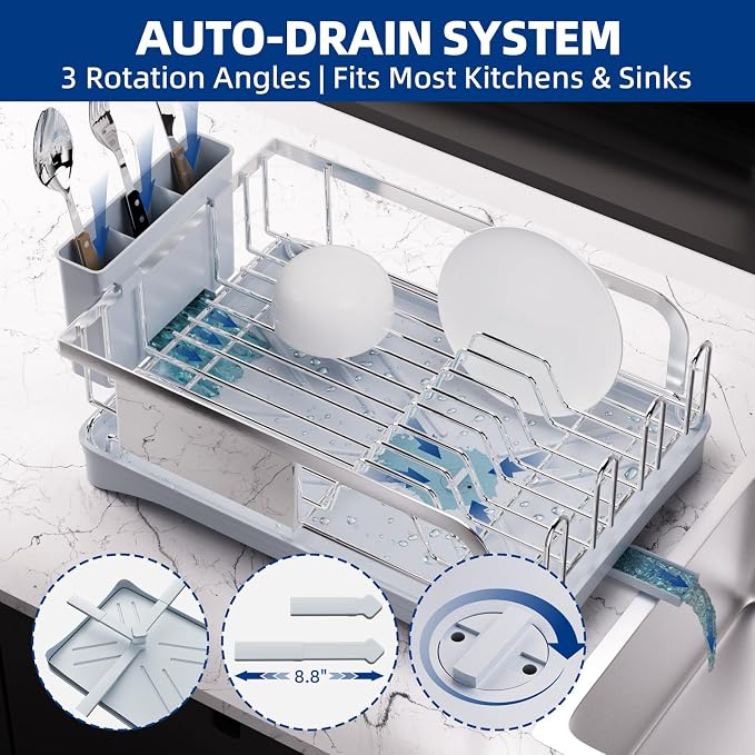 Godboat Dish Drying Rack -304 Stainless Steel Dish Rack for Kitchen Counter | Dish Drainer with Cutlery Knife Fork & Cup Rack, Auto-Drain to Sink, Gift for Wife Mothers Her, Home & Family Gadgets, Silver
