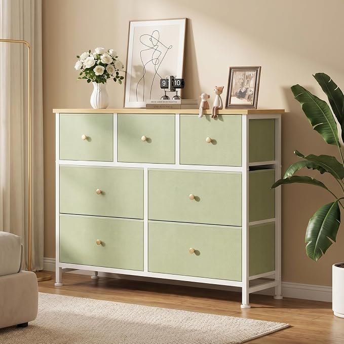OLIXIS 7 Drawer Closet Organizer, Storage Tower with Sturdy Steel Frame | Dresser for Bedroom, Wooden Top & Easy Pull Fabric Bins, Clothes Organization, Living Room Entryway, Light Green
