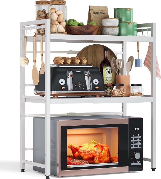 NETEL 3 Tier Expandable Microwave Stand countertop,Microwave Oven Rack | microwave shelf, storage shelves for pans &appliances,Adjustable partition height，55 Lbs load Per Tier,White