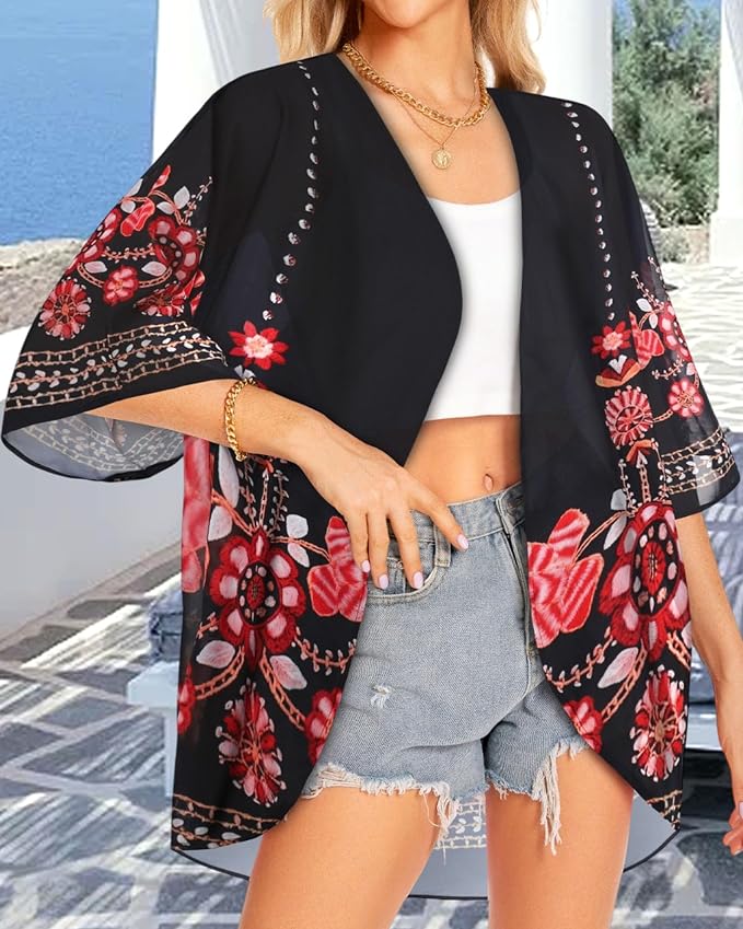 Women Kimono Cardigans Summer Cover Up Hawaiian Shirts Floral Print Tops | ROSEMIA chiffon kimono open front cardigans, beach cover ups, daily casual tops, cruise outfits, summer resort wear