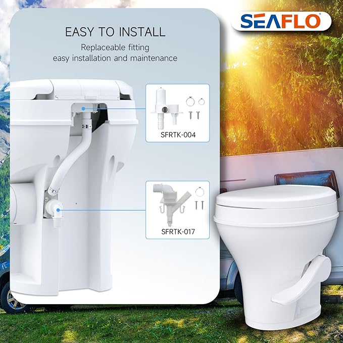 SEAFLO RV Toilet with Sprayer Attachment - White, 18.4” Residential Height, Gravity Flush Foot Pedal Camper Toilet Soft Close Seat Elongated Bowl Motorhome, 4-Year Warranty, SFRTPH-01-02