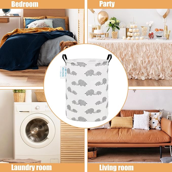 Round Laundry Basket Collapsible Storage Hamper Love Elephant | Waterproof Canvas Foldable Baskets with sturdy Handles Multi-scene Organizer for Home Play Bedroom Gift Bin