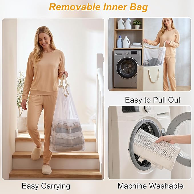efluky Slim Laundry Hamper with Wheels and Removable Bag, Rolling Laundry Basket for Clothes, Small Laundry Basket for Bedroom, Dorm and Laundry Room, 75L (19.8 Gallons) Beige