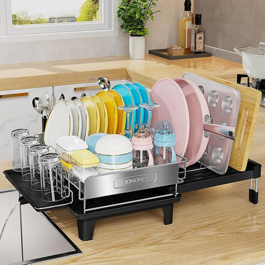 Expandable Dish Drying Rack for Kitchen Counter, 304 Stainless Steel, Flip-Top Retractable Plate, Multi-Directional Adjustable, Space-Saving Large Drying Rack, Black