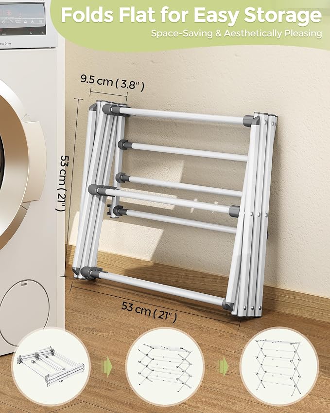 APEXCHASER 3-Tier Foldable Clothes Drying Rack, 37.6" H, White | Rust-resistant Metal, Tool-free Assembly, Extendable Drying Hanger, Fold Flat to Easy Storage, 11.8" D x 35" W, Holds 24lbs