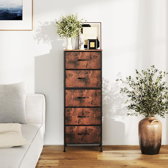 Sweetcrispy 5 Storage Drawer Bedroom Dresser, Tall Dresser for Organizer | Chest of 5 Drawers for Home Storage, Narrow Nightstand, Durable Clothes Oragnizer, Sturdy Frame and Wooden Top, Brown