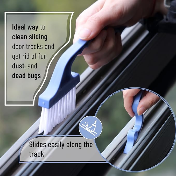 Slick- Window Track Cleaning Brush, 2 Pack, Blue Ergonomic Handle | Built-in Scraper, Multipurpose Window Track Cleaning Tool for Sliding Doors, Windows, Corners, Dust, Dirt & Narrow Gaps