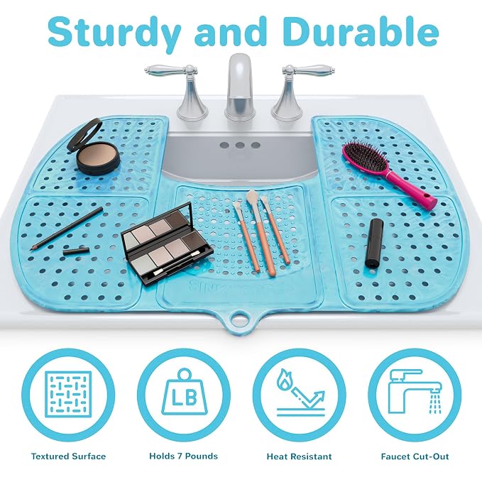 Sink Topper Bathroom Sink Cover for Counter Space, Large Blue | Holds up to 7 lb on a steel frame; fits over basins 19-23 in; 480°F silicone; foldable makeup mat; countertop extender