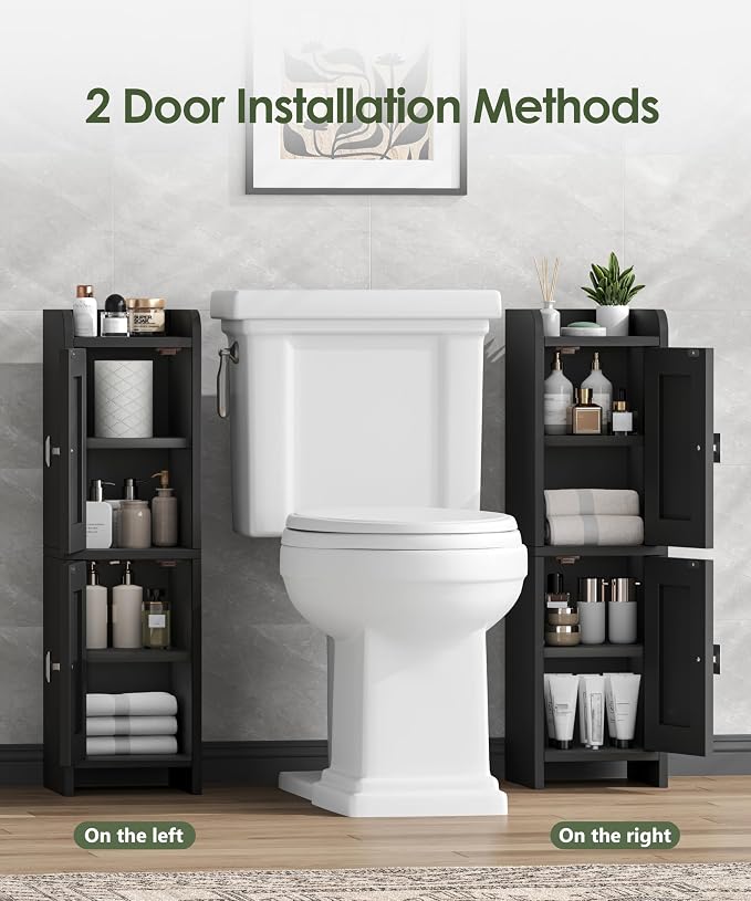 Akxomel Small Bathroom Cabinet Narrow Toilet Paper Organizer Black | 7.9''D x 7.9''W Bathroom Organizer and Storage Cabinet for Small Space, Slim Corner Unit with Adjustable Shelf